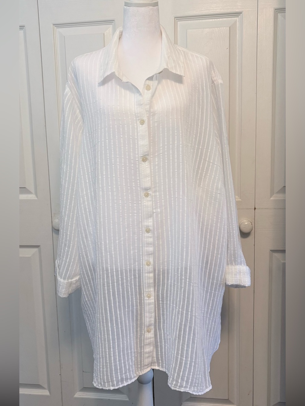 NWOT Lands' End White Textured Stripe Swim Coverup Shirt